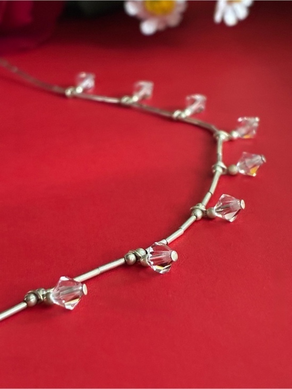 925 Silver Tone Necklace with Clear Crystal Drops 17” adjustable